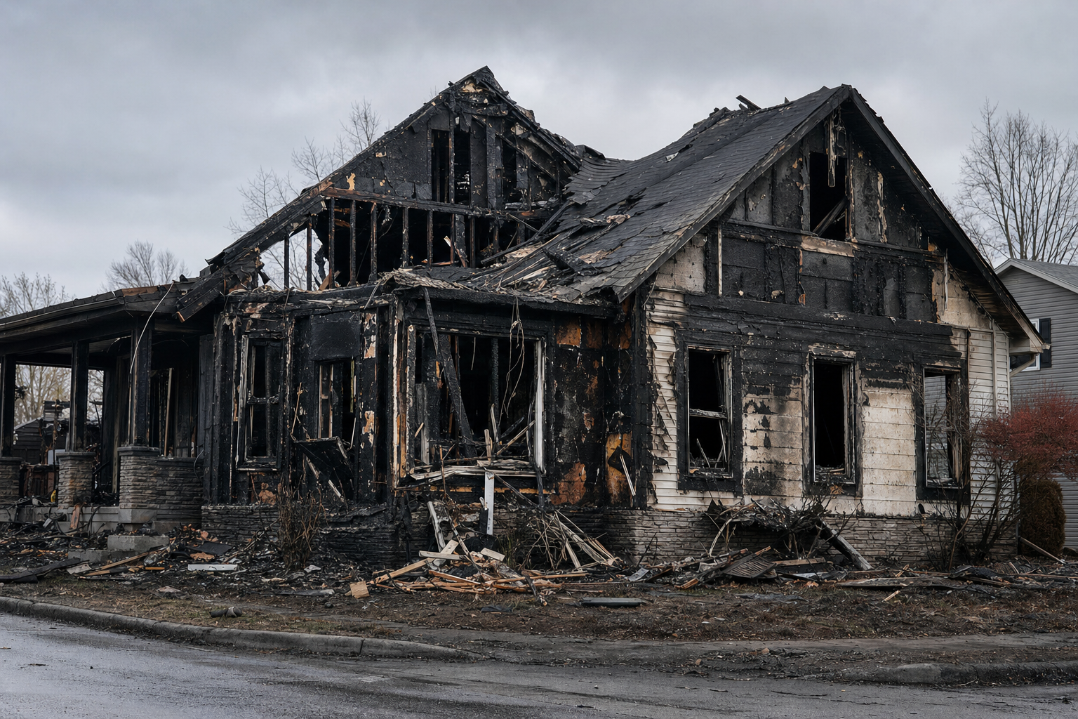 Fire-damaged home requiring emergency restoration and smoke removal