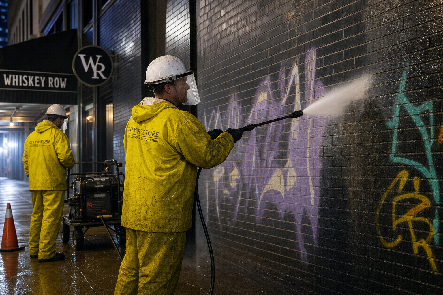 Restoration crew power-washing graffiti from commercial brick wall